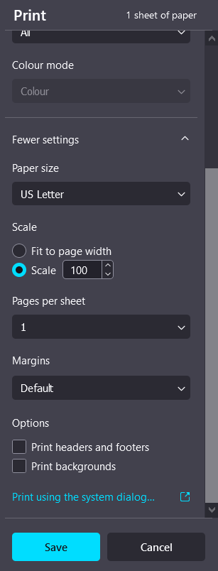 Print settings window with headers and footers option unchecked